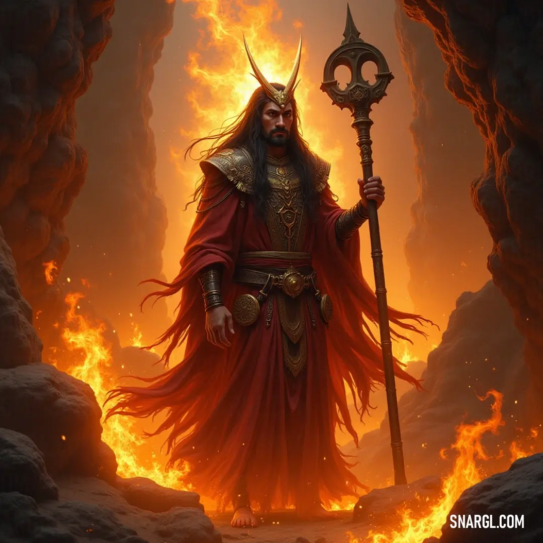 A powerful figure clad in a vivid red robe wields a staff within a fiery cave, commanding the elements amidst flames and molten lava, symbolizing strength and fierceness. Draped in a vibrant red robe, a powerful figure channels energy through a staff amidst a cave sizzling with flames and molten lava, embodying a fierce spirit and mastery over the elements.