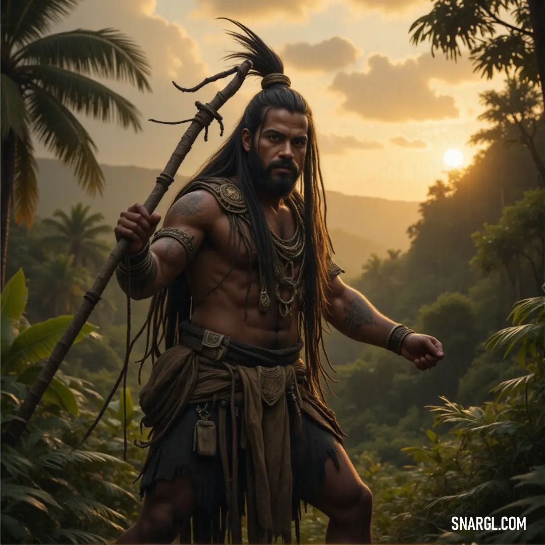 A rugged man with long hair and a beard, holding a stick, stands in a dense jungle, with towering trees and distant mountains completing the untamed and adventurous scene. A rugged figure with long hair and a beard, holding a wooden stick, stands in a jungle setting. Tall trees and distant mountains form a dramatic backdrop to his wild, untamed appearance.