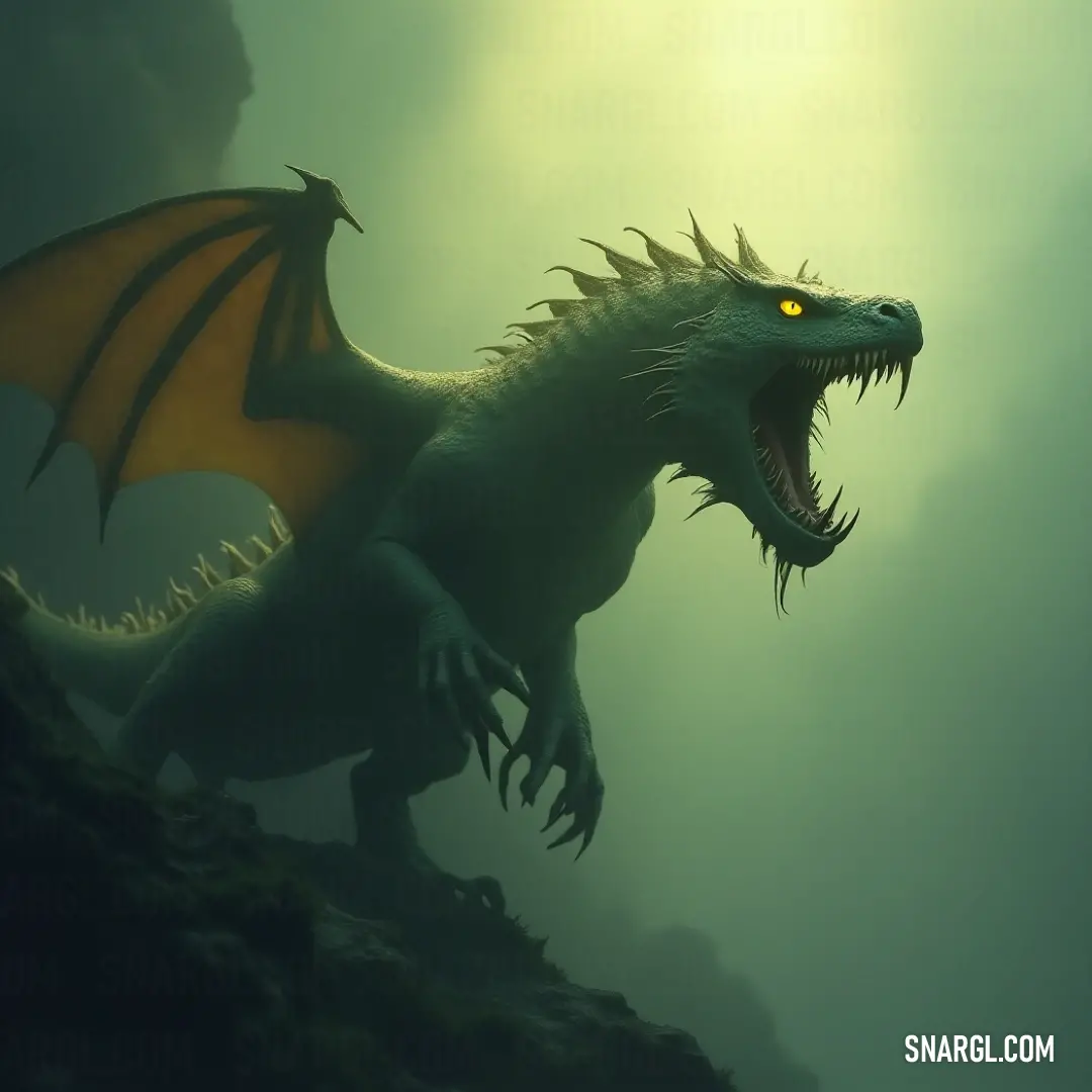 With piercing yellow eyes, a Malachai roars fiercely from a rocky perch by the water, encapsulating raw power amidst a serene setting. A Malachai with piercing yellow eyes stands dominantly on a rugged rock by the water's edge, its mouth wide open, ready to unleash a guttural roar echoing across the serene landscape.