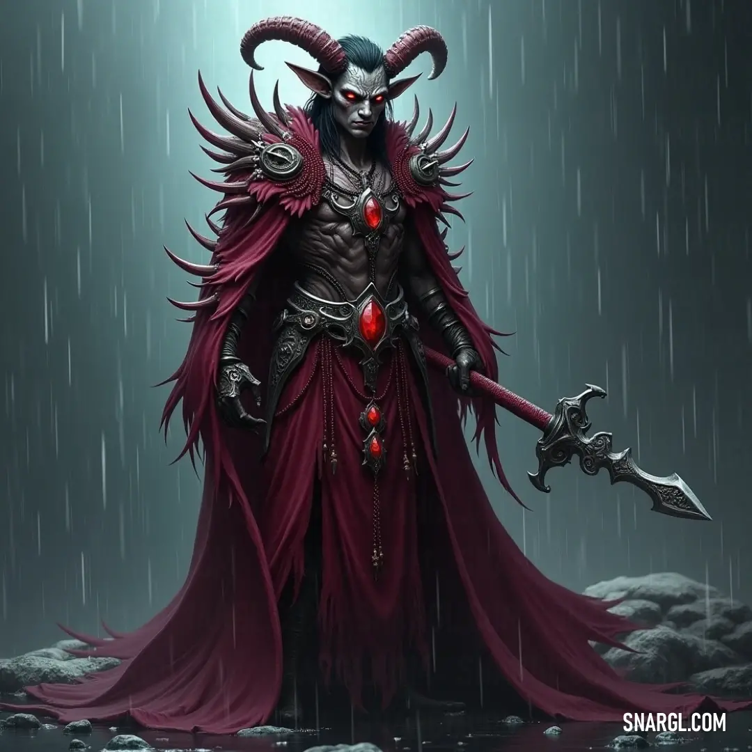 Malachir Hellborn, with a sword in hand and a red cape swirling around his head, stands tall in the pouring rain. His horns rise from his head, adding to his commanding presence as the storm rages around him, a figure of power in the midst of chaos.