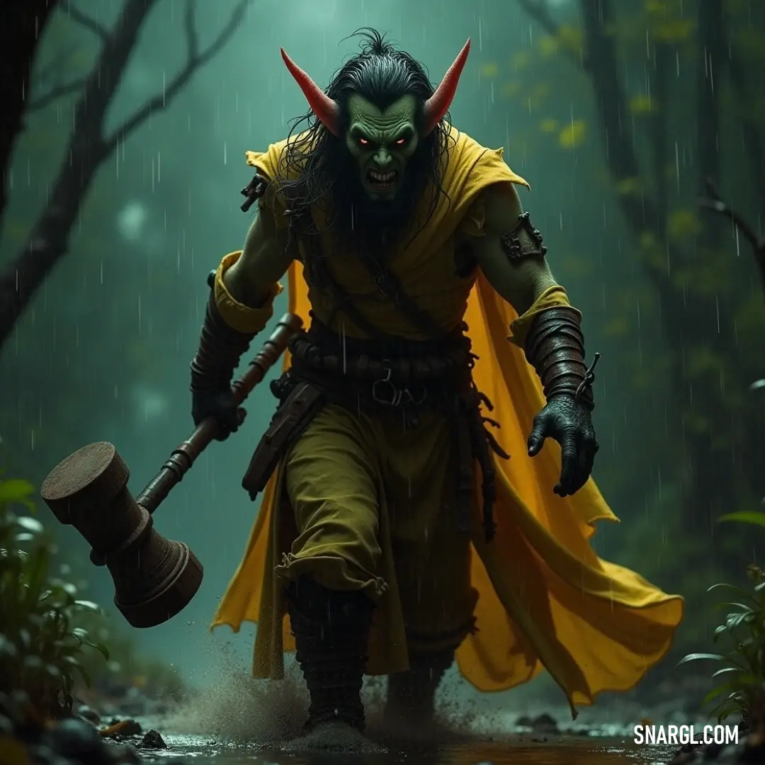 Malachir Hellborn, horned and wearing a yellow outfit, holds a hammer as he walks through a rainy forest. His determined presence contrasts with the dark, stormy weather around him. Malachir Hellborn, wearing a yellow outfit and sporting horns, strides through a rain-soaked forest. With a hammer in hand, he radiates both power and determination, his figure standing out against the stormy, moody landscape.