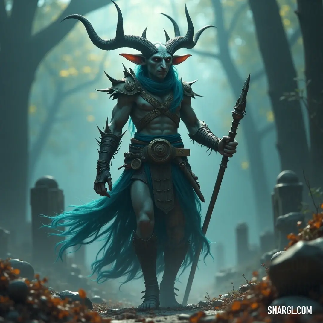 A fierce warrior, Malachir Hellborn, stands in a dense enchanted forest, brandishing a spear. His imposing figure, complete with striking horns and a menacing demonic visage, merges seamlessly with the eerie surroundings, hinting at his dark origins.
