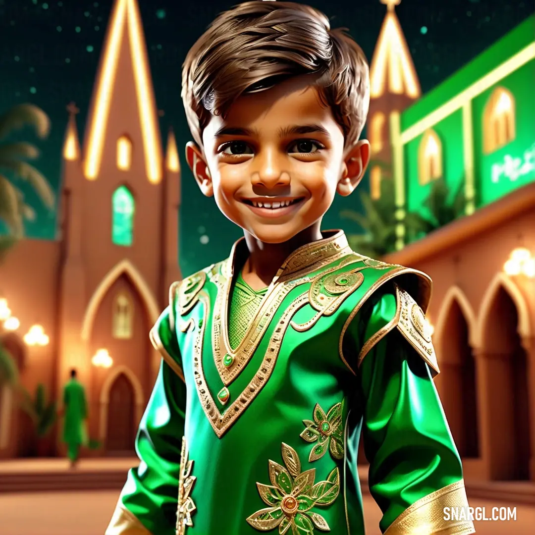 Cartoon boy in a green and gold outfit in front of a building with a green and gold design. Example of RGB 11,218,81 color.