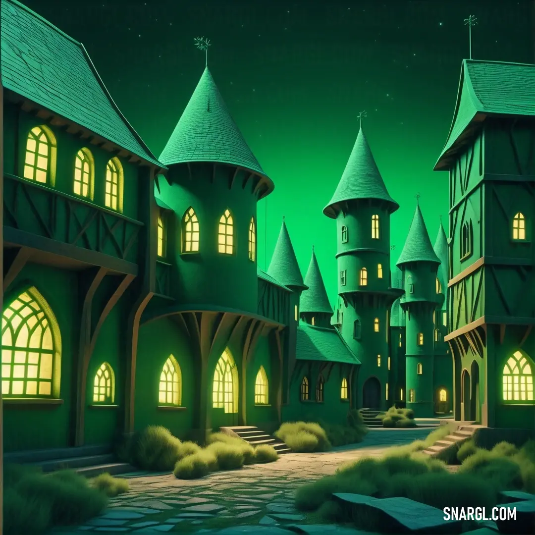 Cartoon of a green castle with a lot of windows and a lot of grass and bushes in front of it. Example of RGB 11,218,81 color.