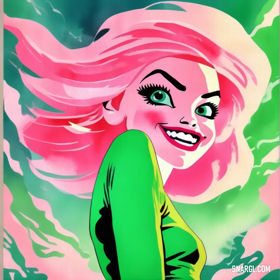 Cartoon of a woman with pink hair and green eyes and a green shirt on, with a pink background. Example of RGB 11,218,81 color.