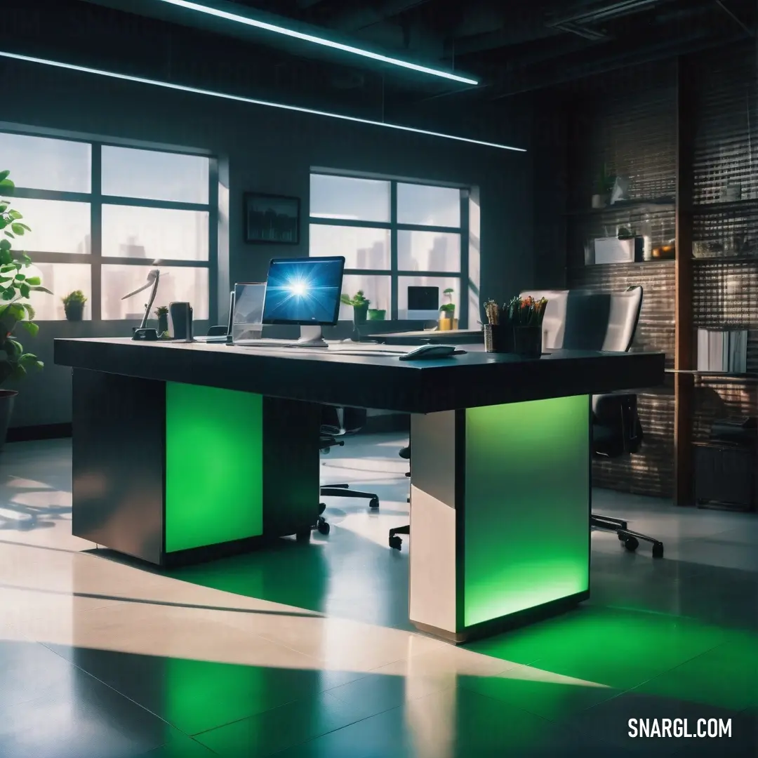 Desk with a laptop and a monitor on it in a room with large windows and a green light. Color Malachite.