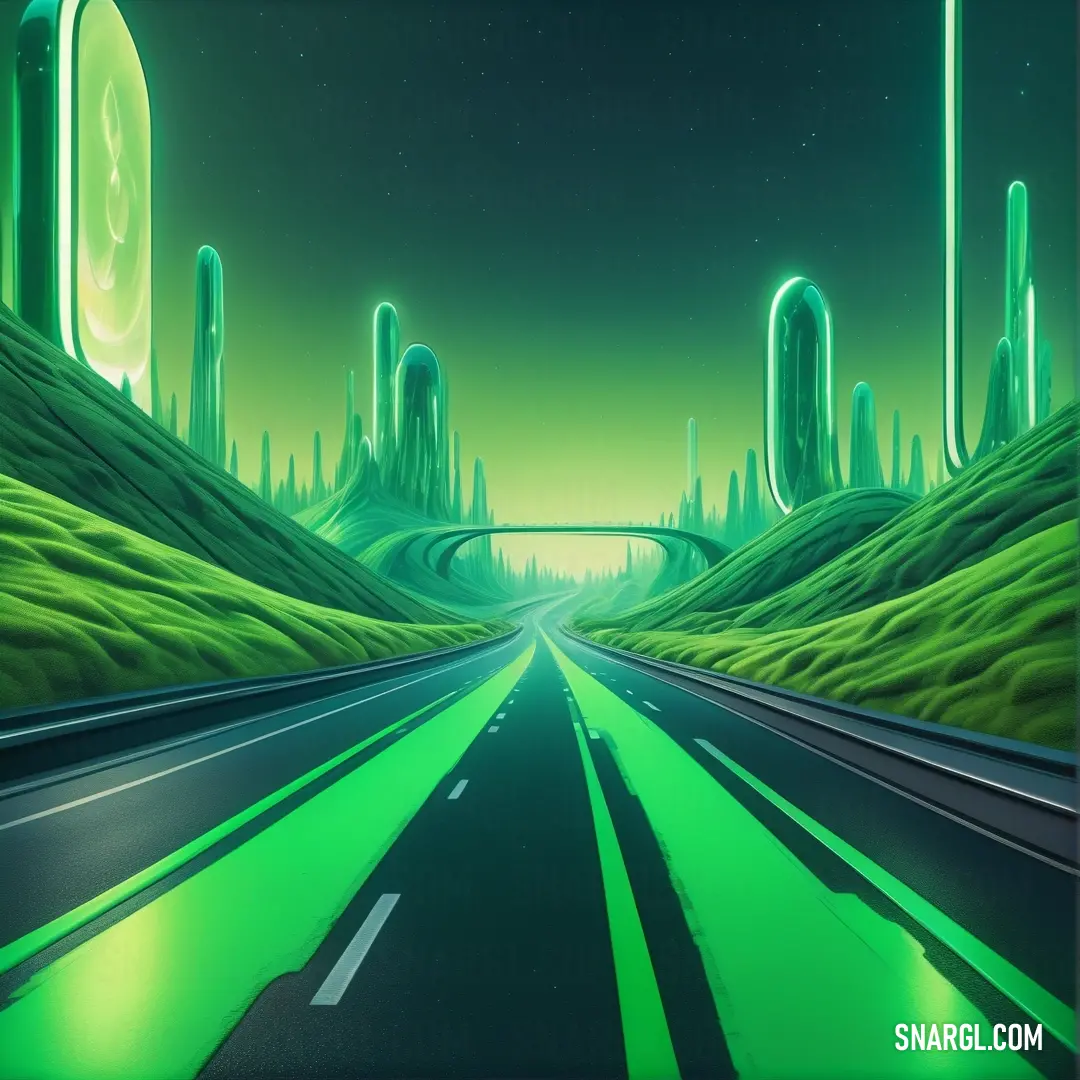 Green and black painting of a highway with a green neon light at the end of it
