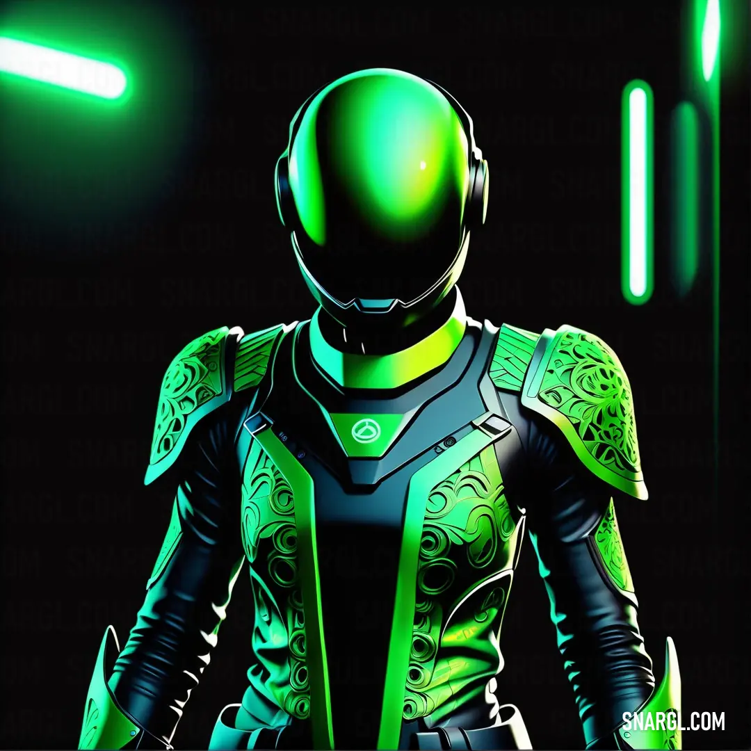 Green and black suit with a green light behind it