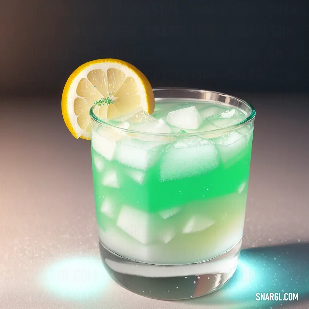 Green and yellow drink with a slice of lemon on top of it and ice cubes on the rim