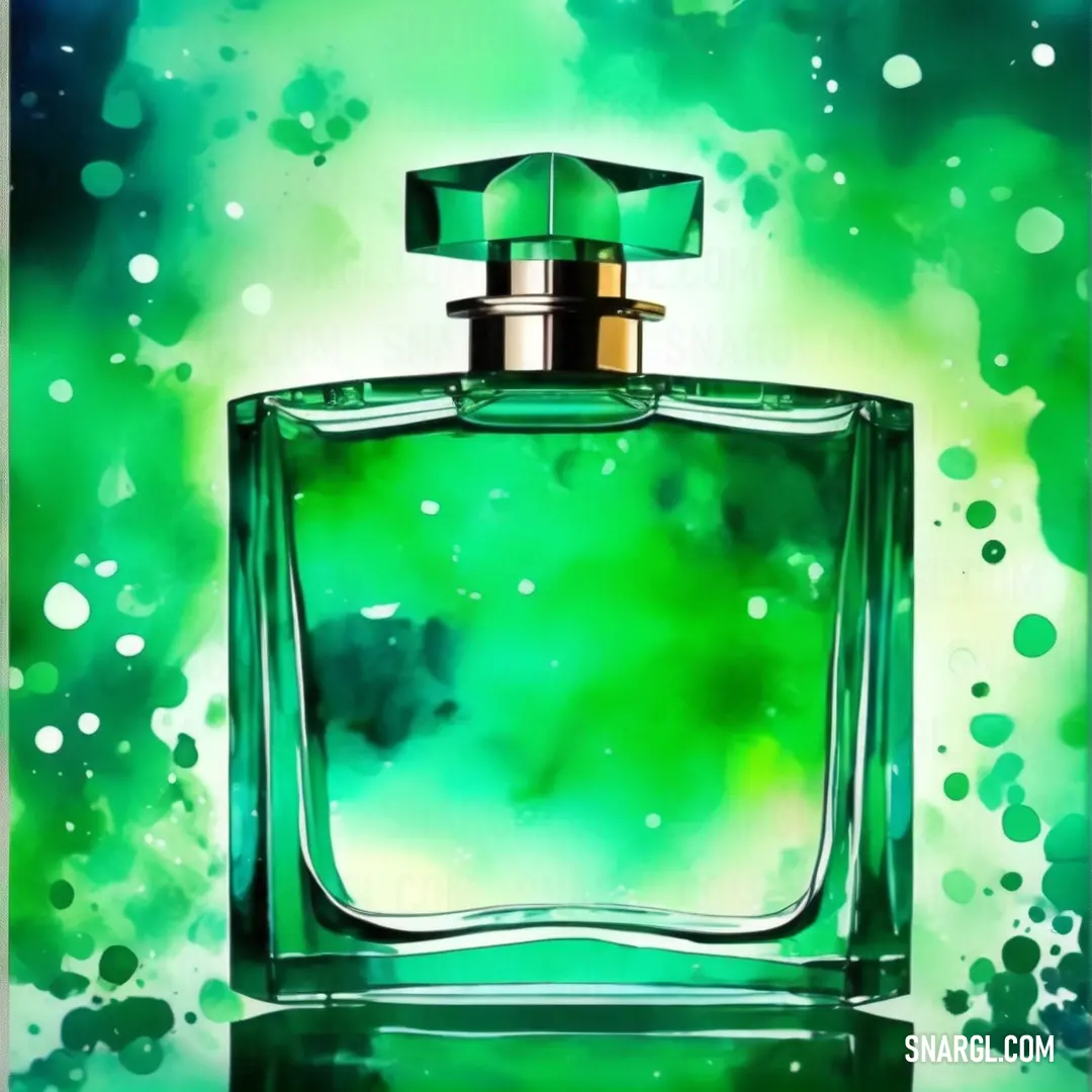 Malachite color. Green bottle with a gold top on a green background