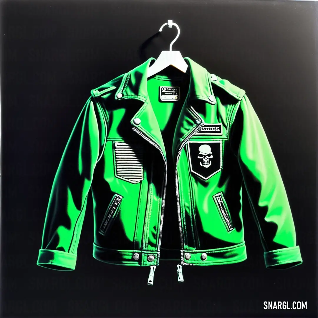 Green leather jacket with a skull on the chest and a black background with a white hanger on it. Color RGB 11,218,81.