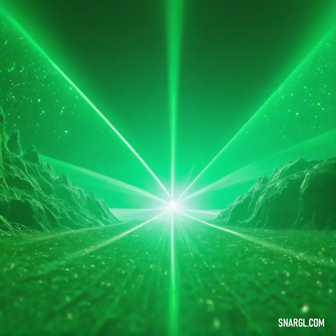 Green light shining through a tunnel in a green space with rocks and stars in the background. Color #0BDA51.