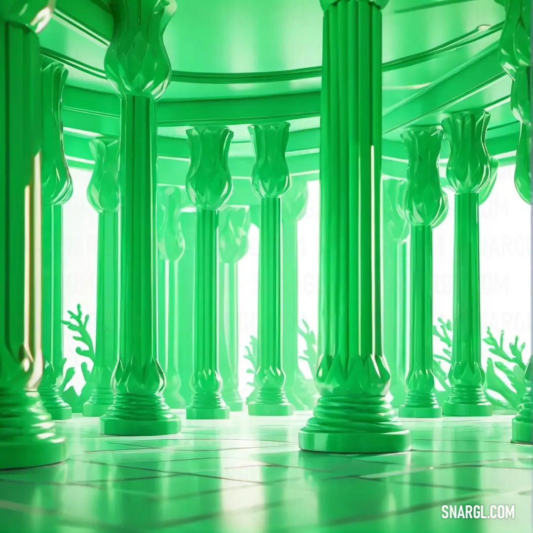 Green room with columns and columns in it's center and a tiled floor with a plant growing on the wall. Example of CMYK 95,0,63,15 color.