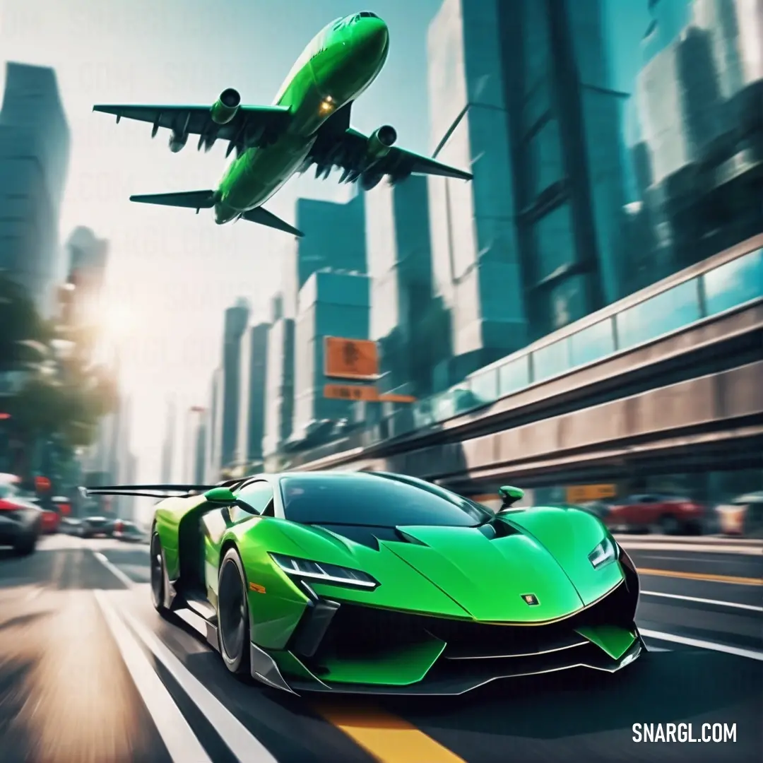Malachite color. Green sports car driving down a city street with an airplane flying over it in the background