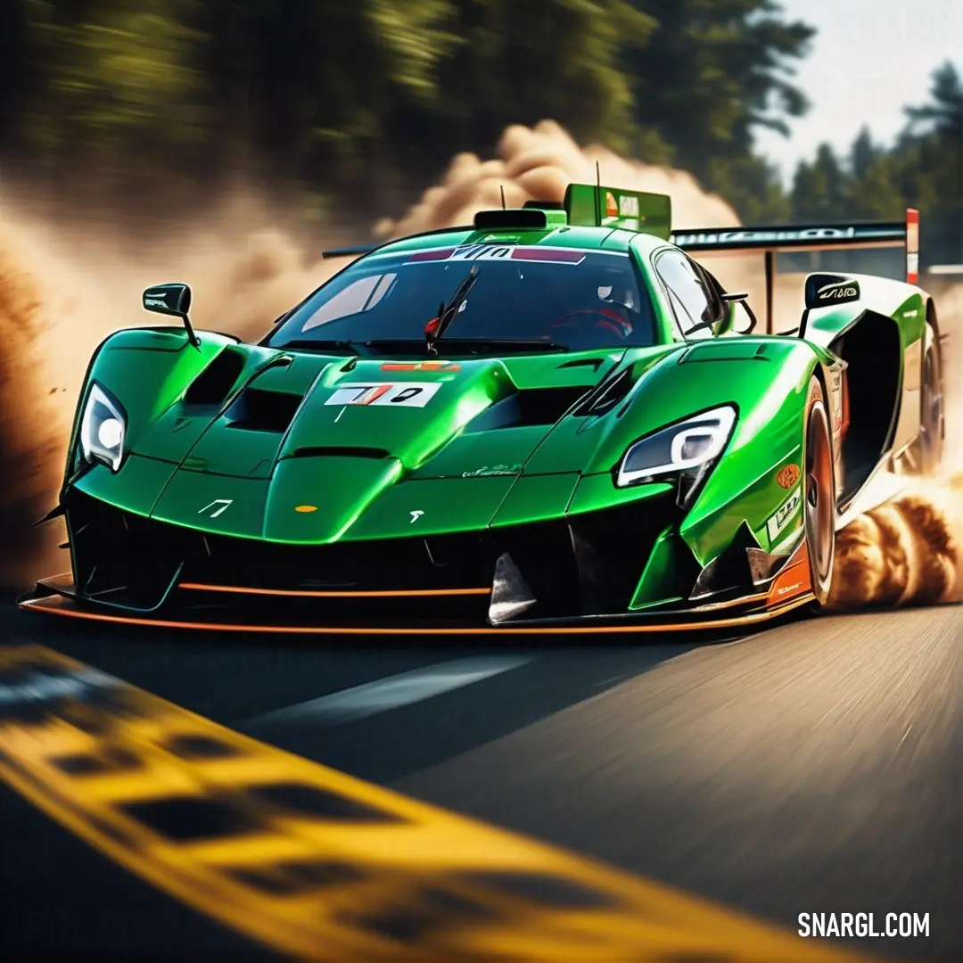 Green sports car driving down a race track with smoke coming out of the back of it's engine. Color RGB 11,218,81.
