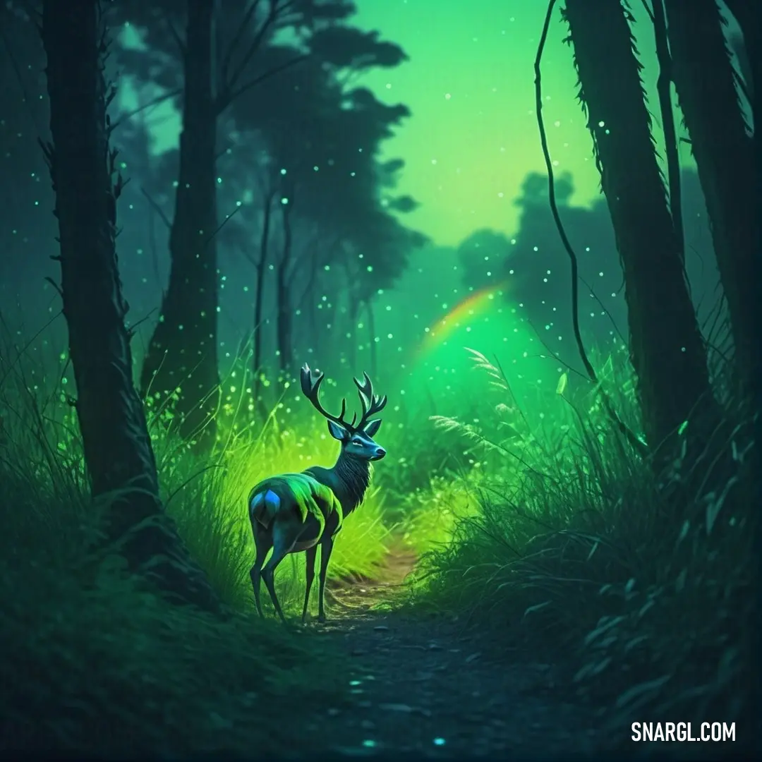 Malachite color. Deer standing in the middle of a forest at night with a rainbow in the background