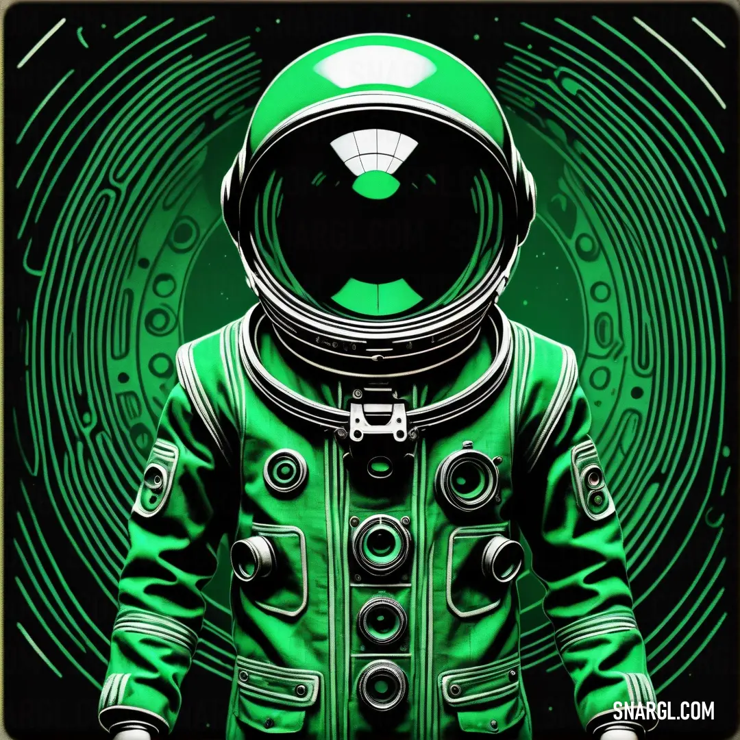 Green astronaut suit with a green background. Example of CMYK 95,0,63,15 color.