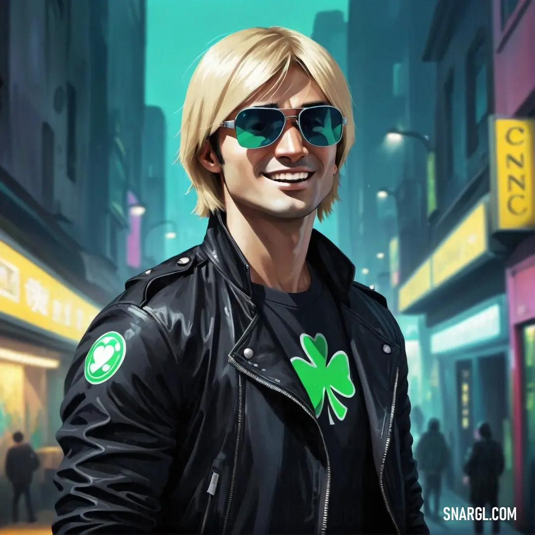 Malachite color example: Man with sunglasses and a jacket on in a city street with a green shamrock on his shirt