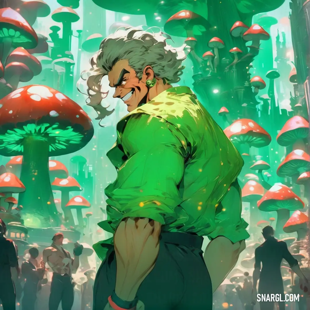 Man in a green shirt standing in front of a group of mushrooms and mushrooms in a forest of green. Example of RGB 11,218,81 color.