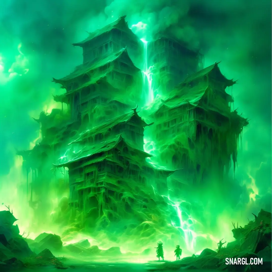 Malachite color example: Painting of a castle surrounded by green clouds and lightnings in the sky