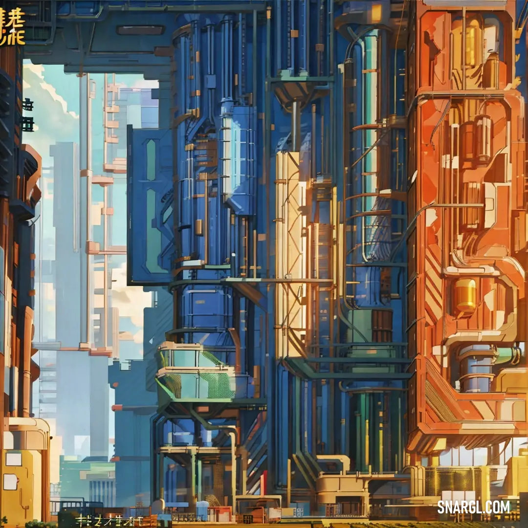 Painting of a city with pipes and pipes on it's sides and a sky background with clouds
