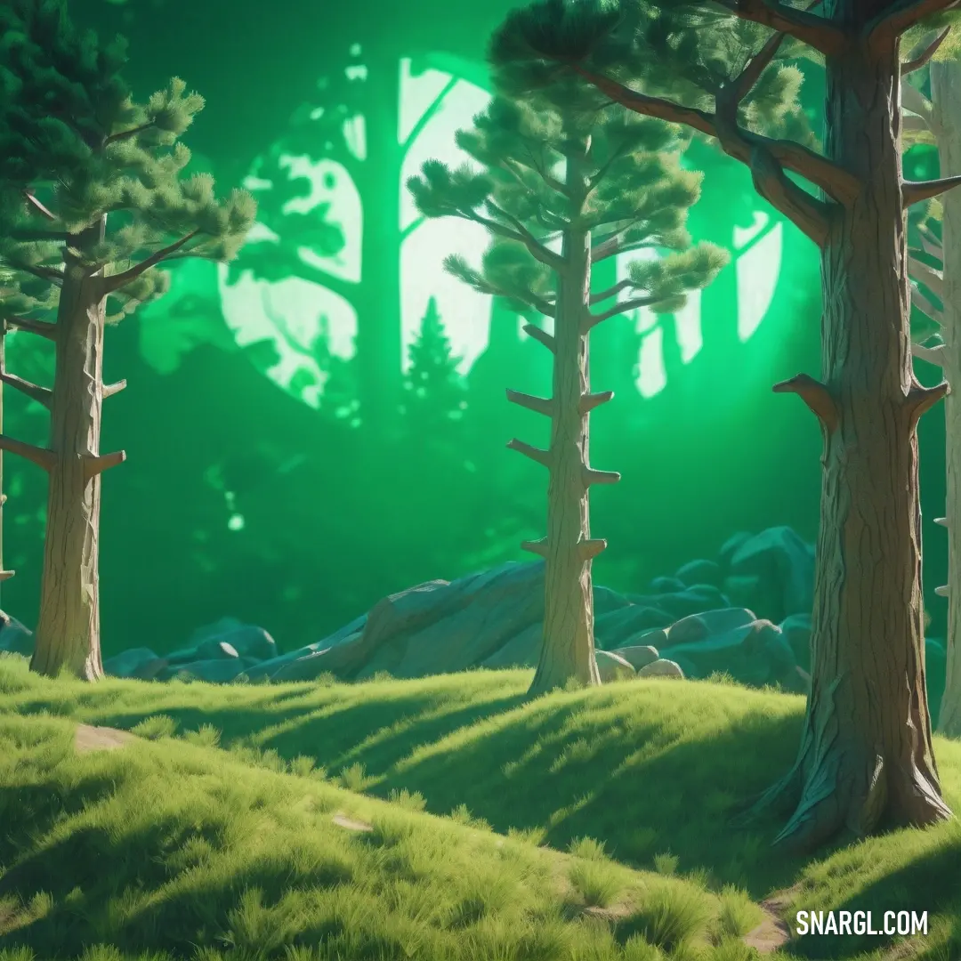 Painting of a forest with trees and grass on the ground and a green light shining through the trees. Example of Malachite color.