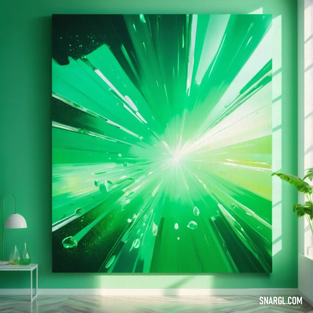 Painting of green and white in a room with a window and a plant in the corner of the room. Color #0BDA51.