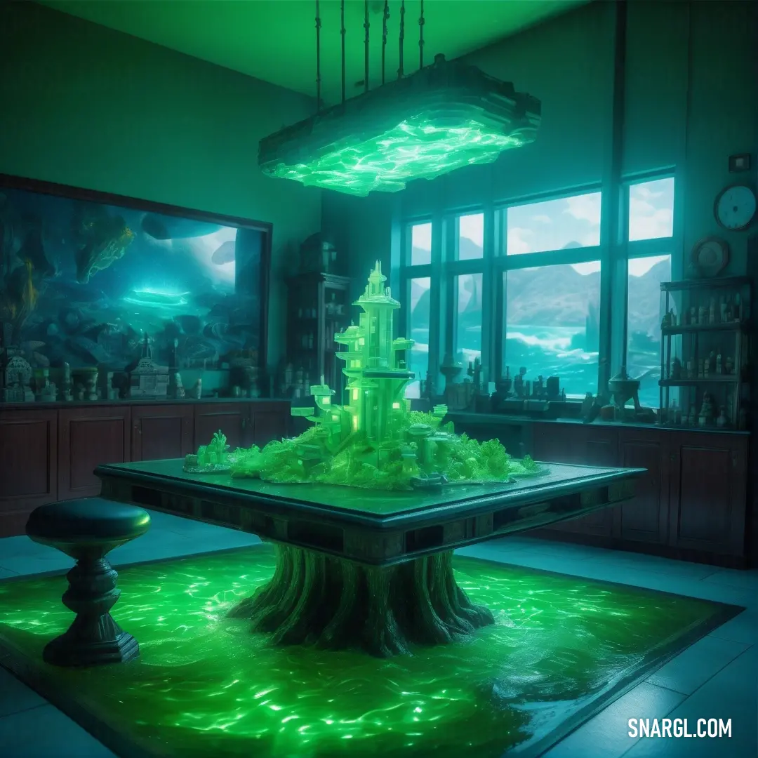 Malachite color example: Room with a table and a large window with a view of the ocean and a green light on the ceiling