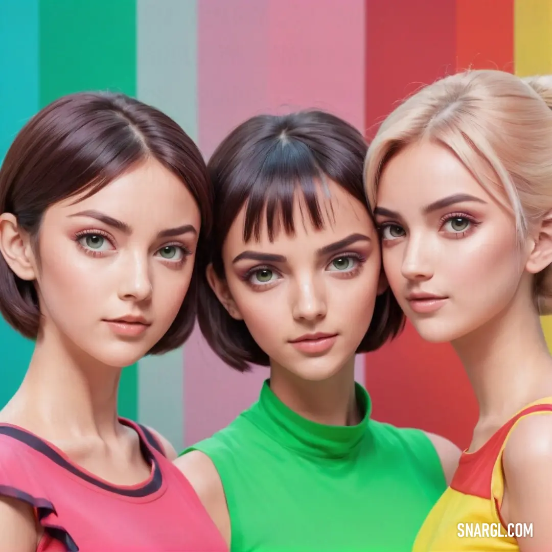 Three women with short hair and green eyes are standing in front of a multicolored wall with a rainbow background