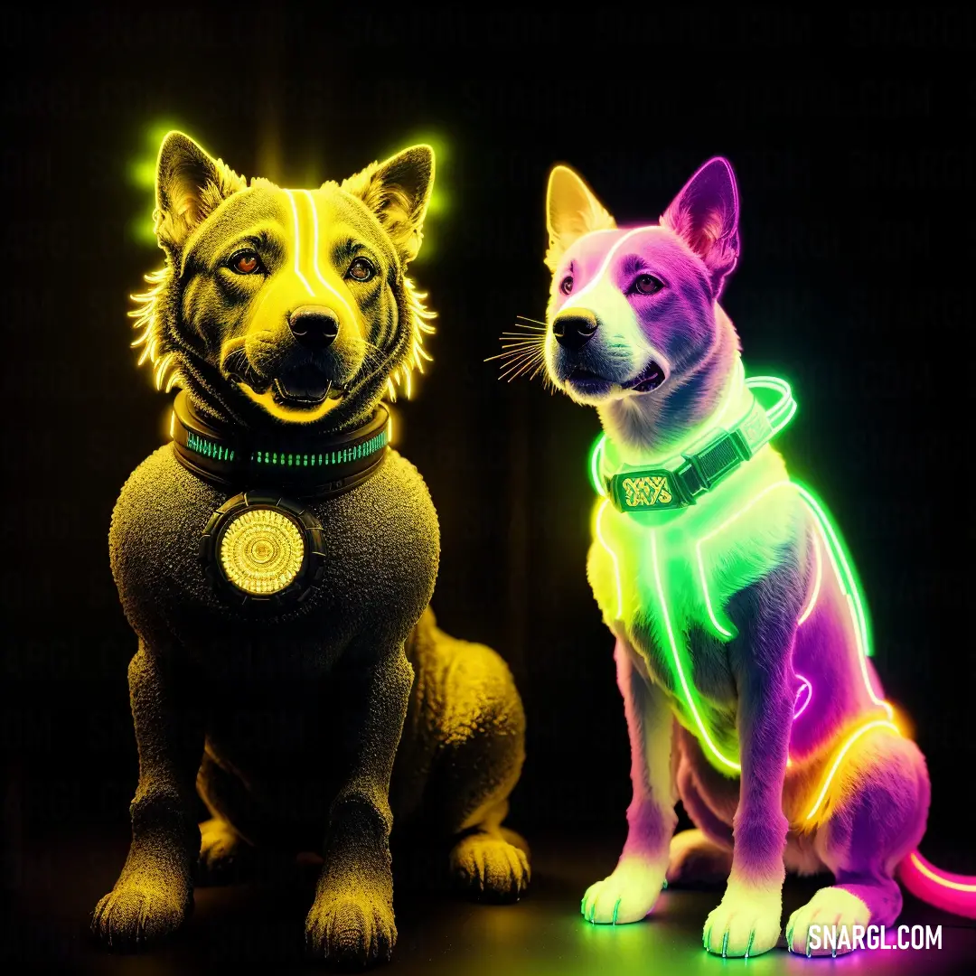 Two dogs next to each other with neon lights on them's collars