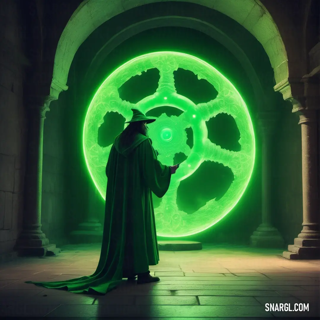 Wizard standing in front of a green circular object in a building with columns and arches on either side