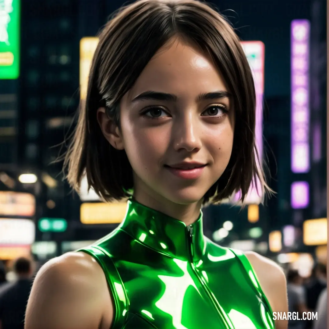 Malachite color example: Woman in a green dress standing in a city at night with neon signs in the background