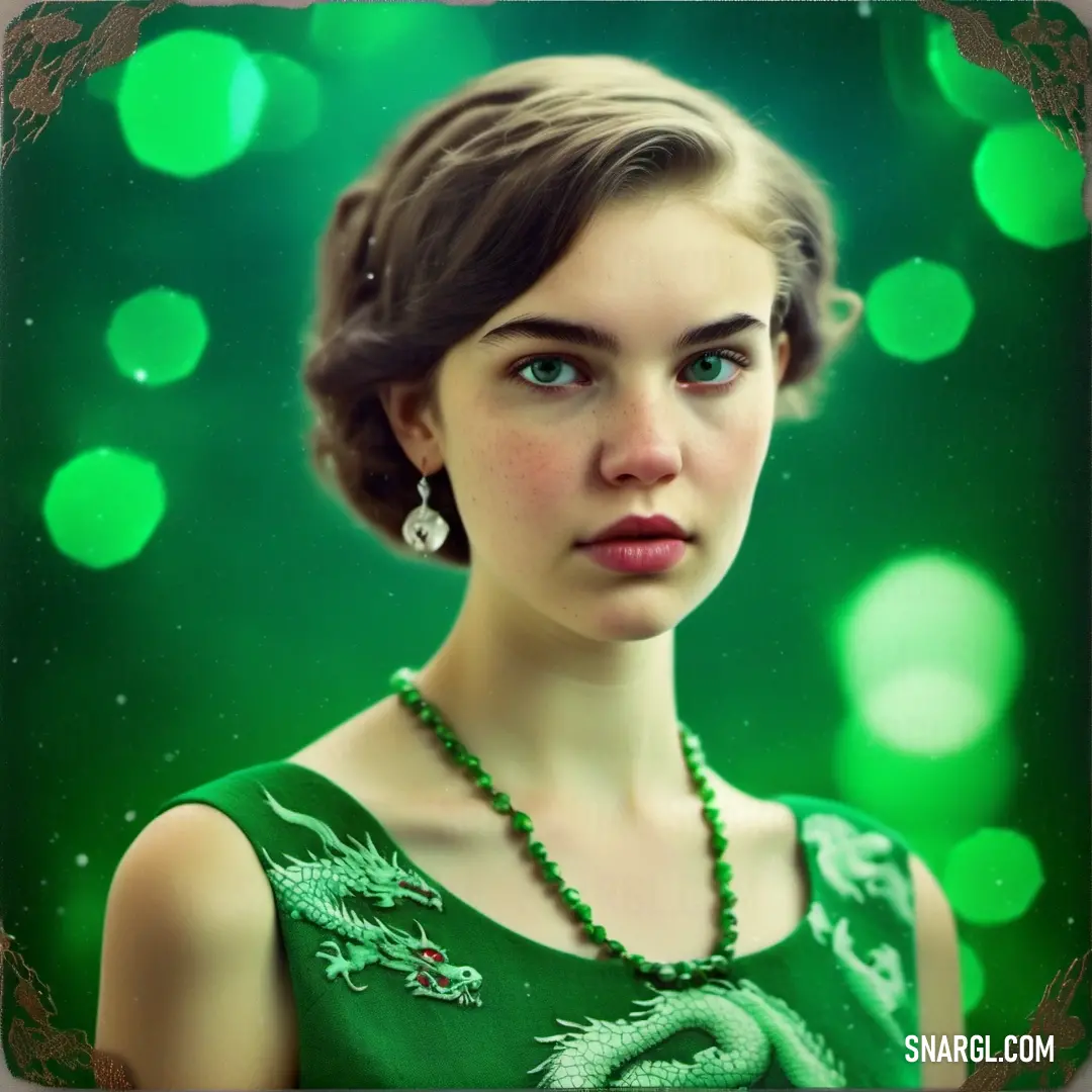 Woman in a green dress with a necklace and earrings on her neck and a green background. Example of Malachite color.