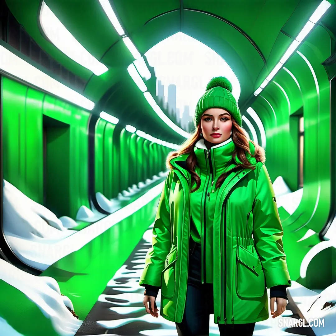 Woman in a green jacket and a green hat is standing in a tunnel with snow on the ground. Example of Malachite color.