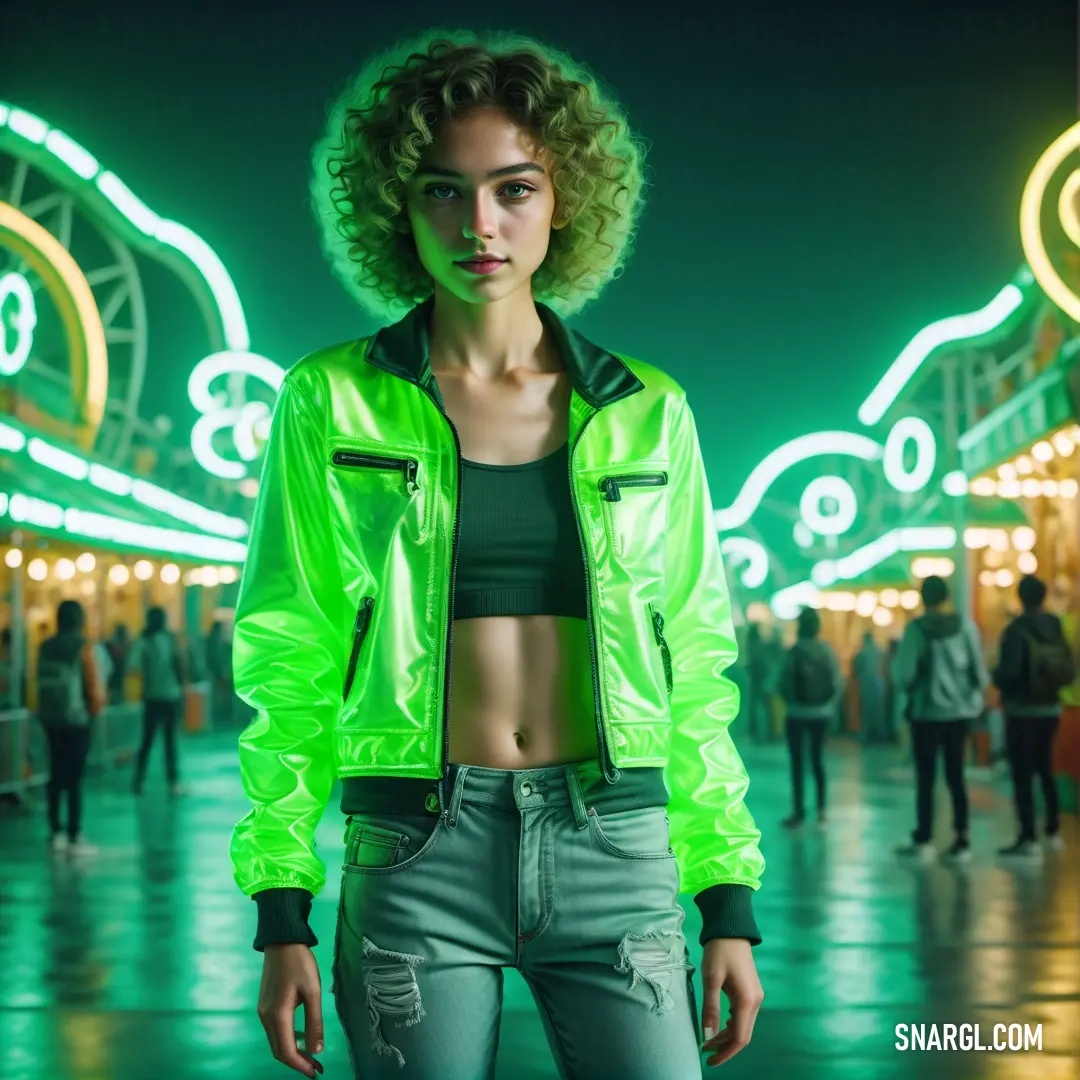Woman in a neon green jacket and jeans standing in a room with neon lights on the walls