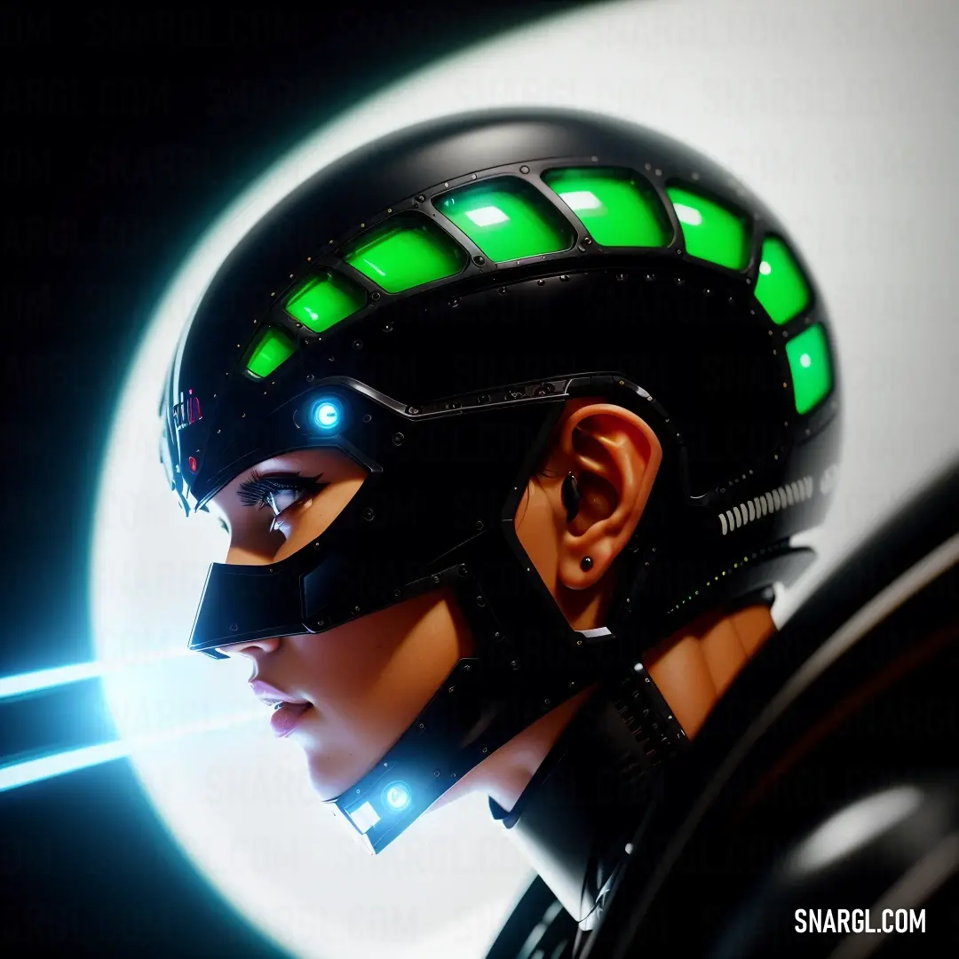 Woman with a futuristic helmet and glowing green lights on her face and ear. Example of CMYK 95,0,63,15 color.