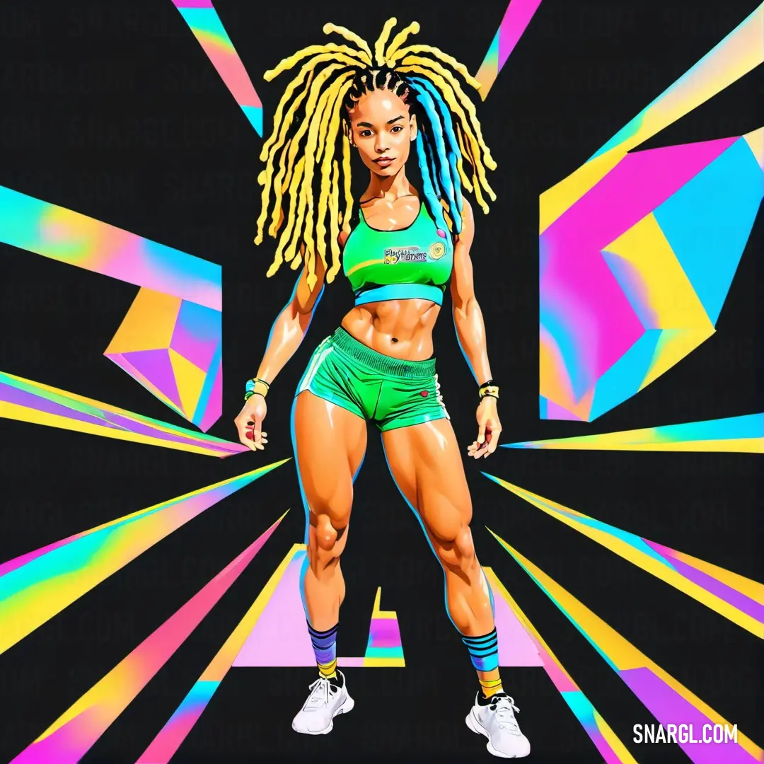 Woman with dreadlocks and a green top is standing in front of a colorful background. Example of RGB 11,218,81 color.