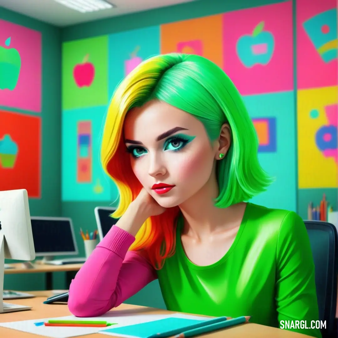 Woman with green hair at a desk in front of a computer monitor and a monitor screen with a colorful background