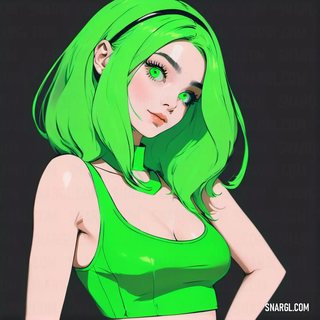 Woman with green hair and green eyes wearing a green bra top and green pants with her hands on her hips. Color RGB 11,218,81.