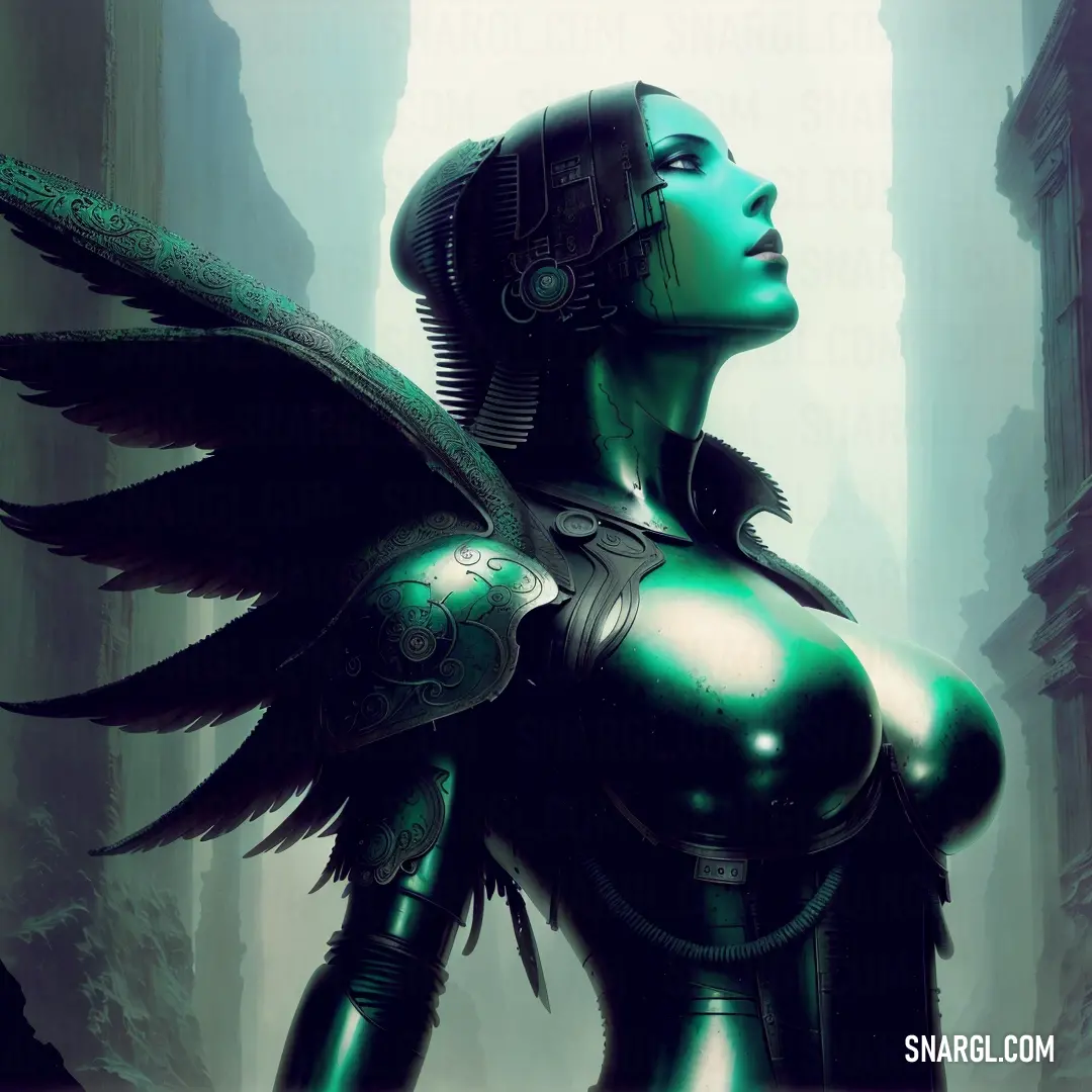 Woman with wings on her chest and a green body with black wings on her chest and head