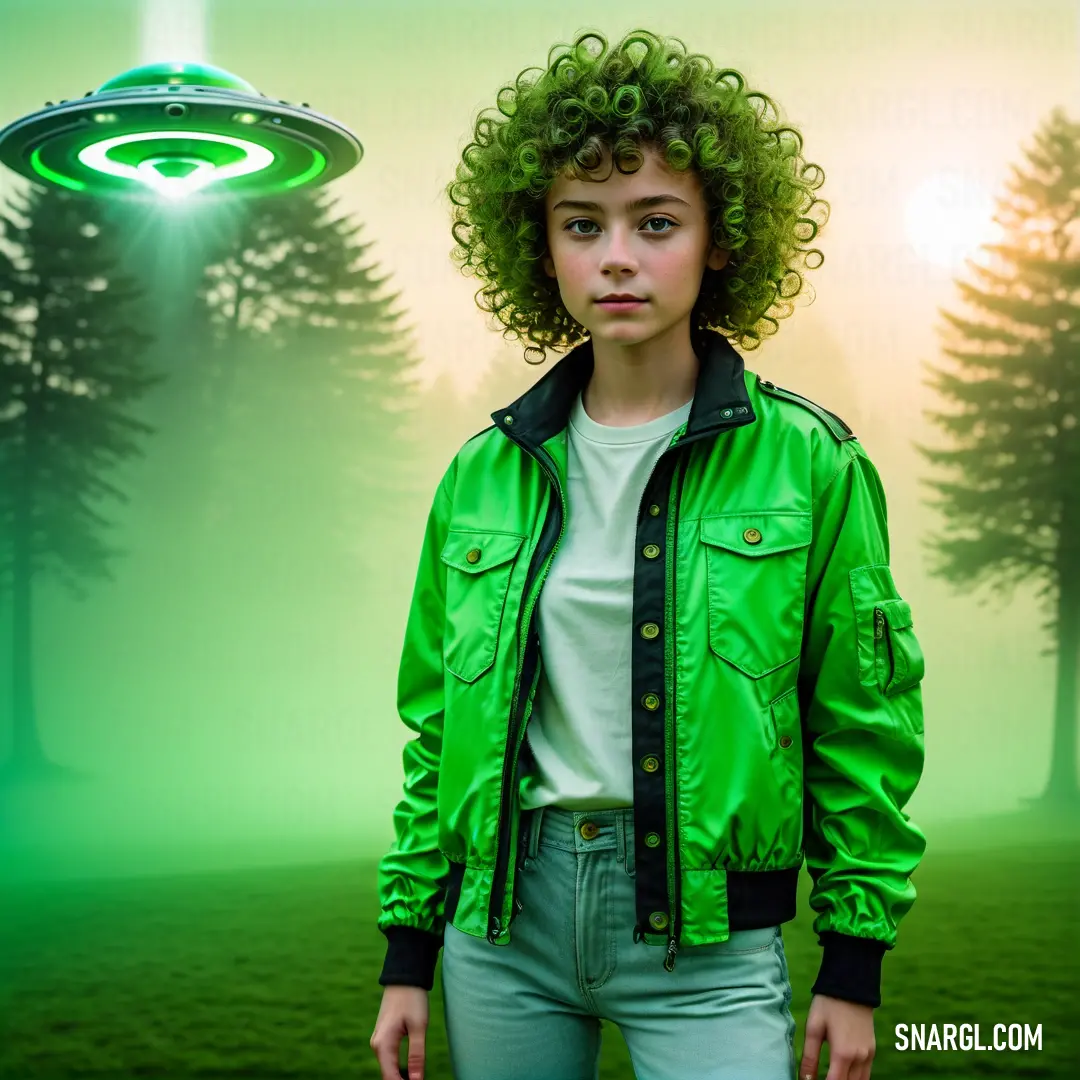 Young woman with curly hair standing in front of a green alien spaceship in the sky. Color RGB 11,218,81.