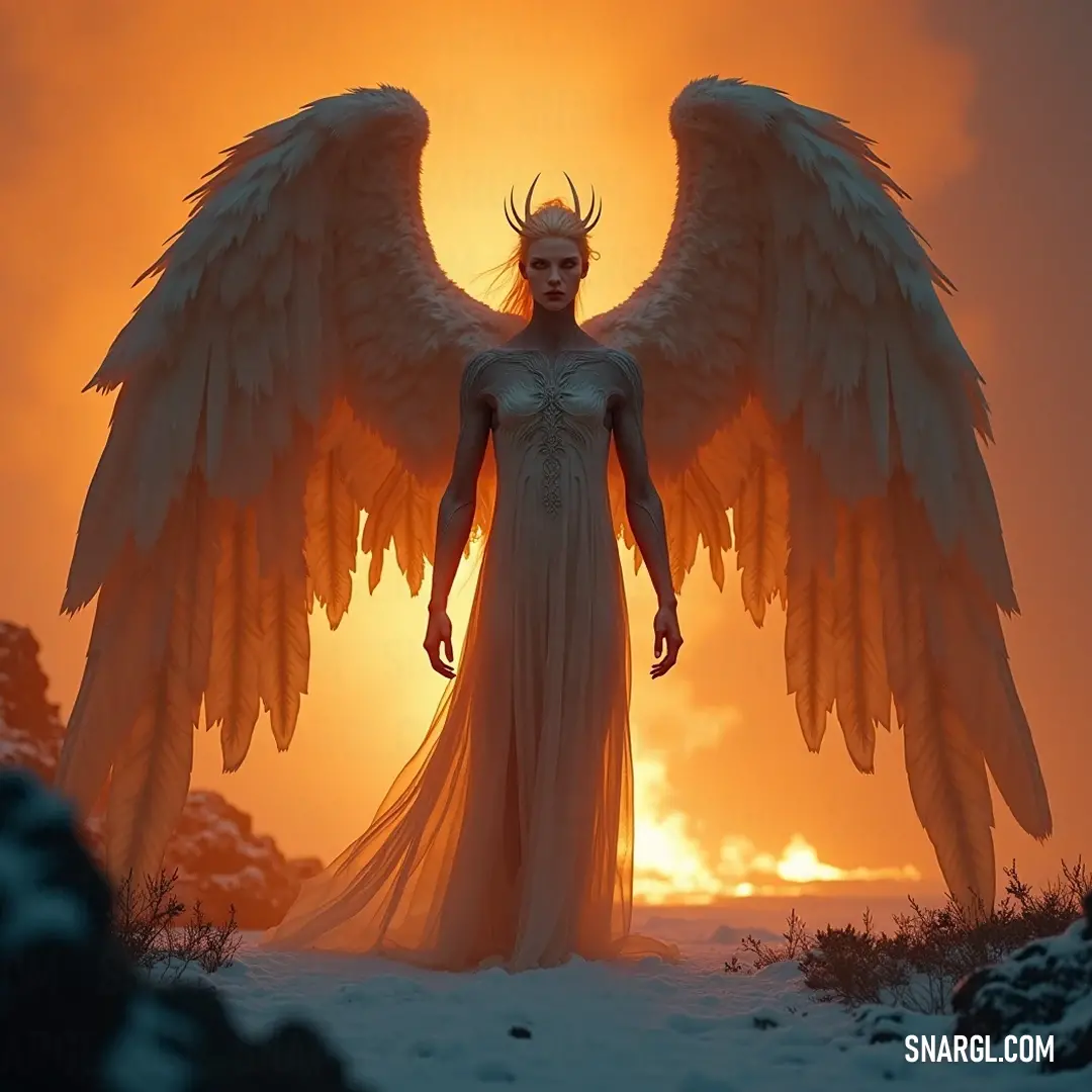 An elegant figure with wings stands gracefully in the snow, illuminated by the stunning colors of a sunset behind them. A graceful figure with elegant wings stands amidst the snowy landscape, bathed in the warm glow of a sunset, creating a breathtaking blend of warmth and chill.