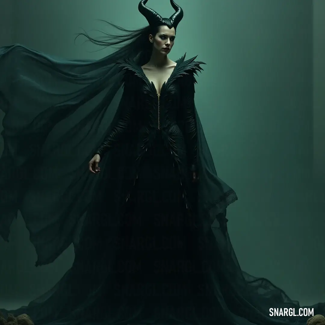 Maleficent emanates an ethereal elegance, adorned in a flowing black dress with imposing horns. Her dramatic cape gracefully frames her silhouette, accentuating her formidable presence amidst the shimmering shadows. Clad in a dramatic black gown, Maleficent stands proud with her majestic horns crowned above her head. The flowing cape billows gently around her, while the enigmatic aura of her dark presence blends seamlessly with the surrounding shadows.