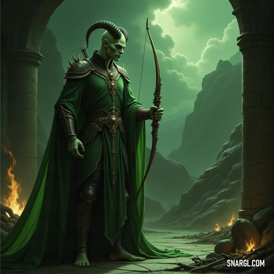A Malevolent Spirit in green robes stands in a cave, drawing his bow with a fire pit behind him, casting an eerie glow on his ominous presence. A Malevolent Spirit dressed in flowing green robes stands in a cave, bow and arrow drawn, with a fire pit crackling behind him. The spirit’s cold gaze pierces the darkness, while the fire’s glow illuminates his spectral form.