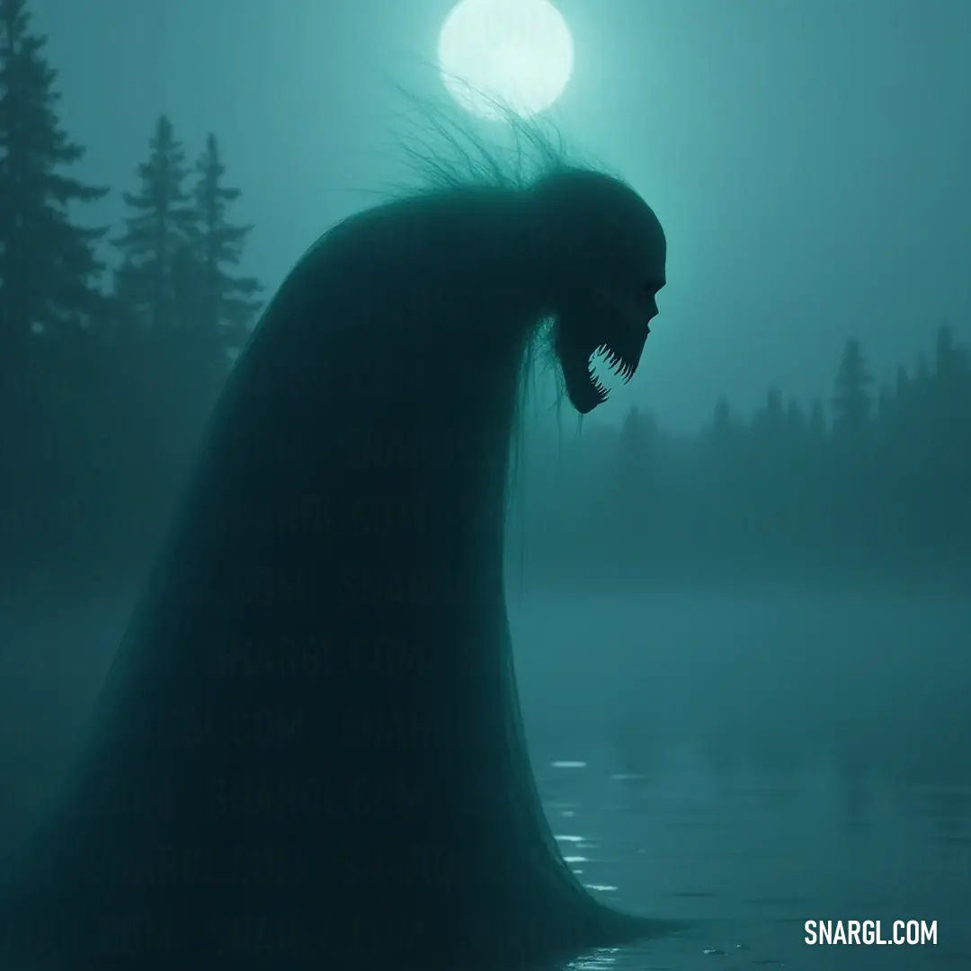 A haunting Malignant Wraith emerges from the water under a luminous full moon, embraced by reflections that enhance the enchanting and eerie atmosphere of the night. A Malignant Wraith, draped in flowing hair, emerges from the still waters under the watchful eye of a full moon. The haunting reflection shimmers beneath the surface, adding a surreal quality to this nighttime scene filled with ethereal mystery.