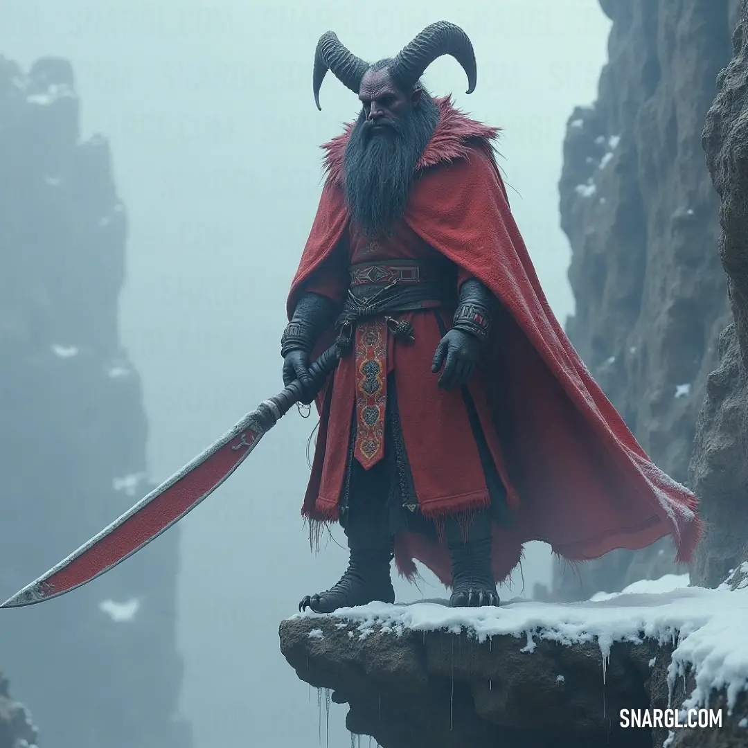 Malphas, clad in a striking red cape with horns, holds a sword while surveying a snowy cliffside, exuding dominion and strength over the harsh landscape. A powerful figure, Malphas, dons an elaborate red cape and a horned headpiece, wielding a gleaming sword as he stands triumphantly on a snow-covered cliff, ready to command the frozen expanse around him.