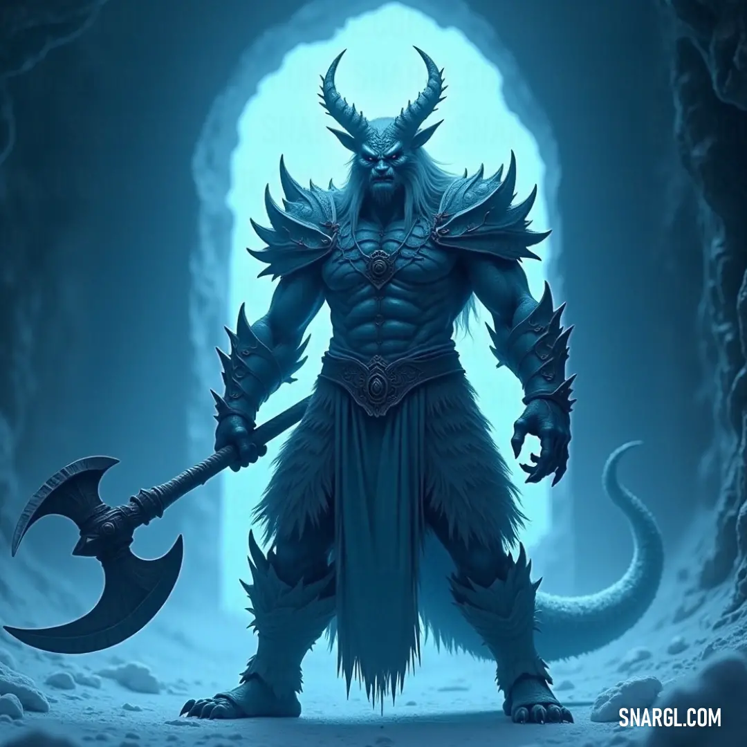 Malphas stands resolute in the shadows of a cavern, wielding a hammer and surrounded by an atmosphere of ancient power, with a giant axe beside him. A formidable figure known as Malphas towers in a dim cave, clutching a massive hammer and adorned with regal horns. The haunting ambience is enhanced by the ominous presence of a colossal axe, ready to guard its mythical secrets.