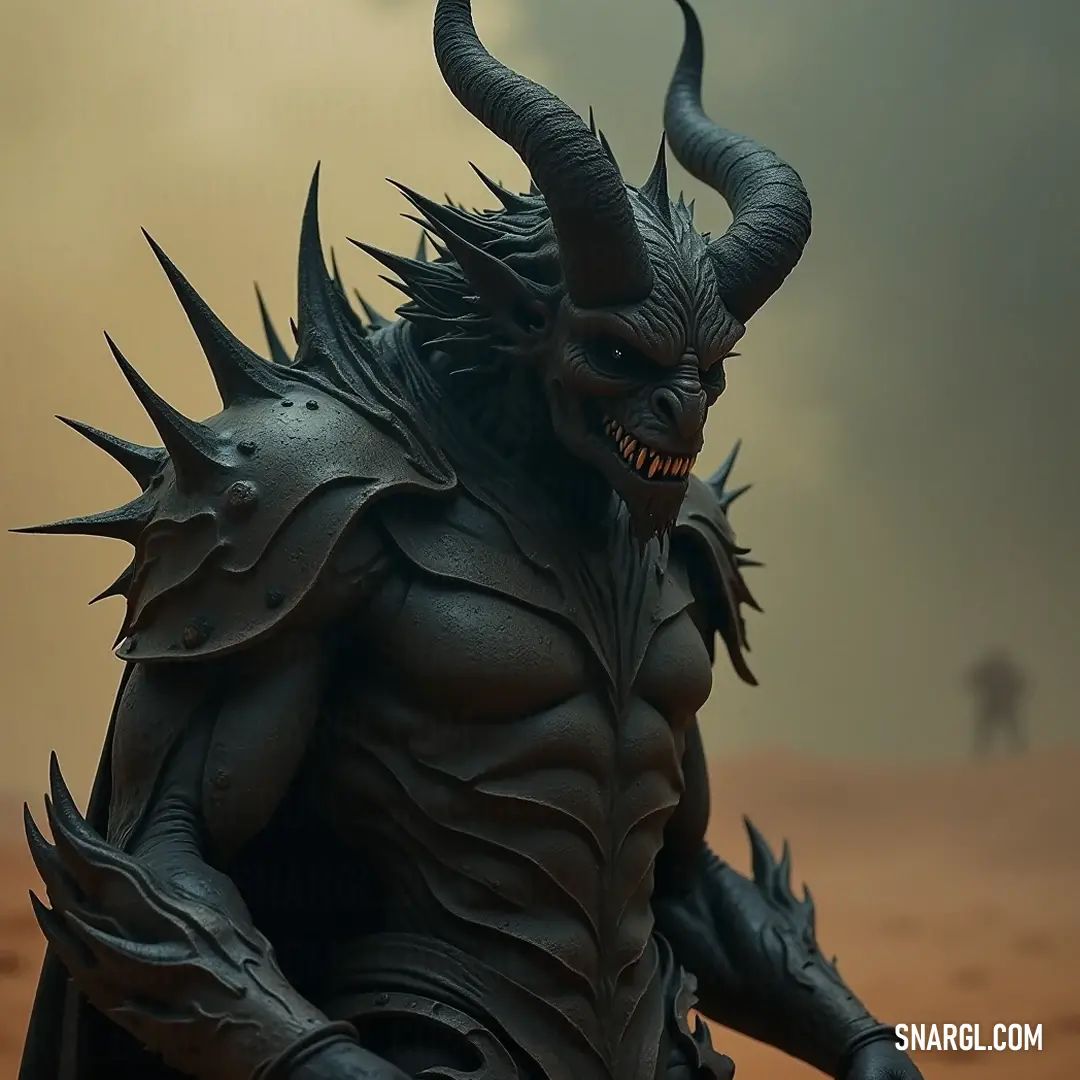 A fearsome demon in a helmet commands the barren desert, with the shadow of Maltheal looming ominously in the background, hinting at an impending confrontation. A formidable demon adorned with horns and a shield stands proudly on a desolate desert landscape, with the imposing figure of Maltheal looming ominously in the background, hinting at a clash between darkness and despair.