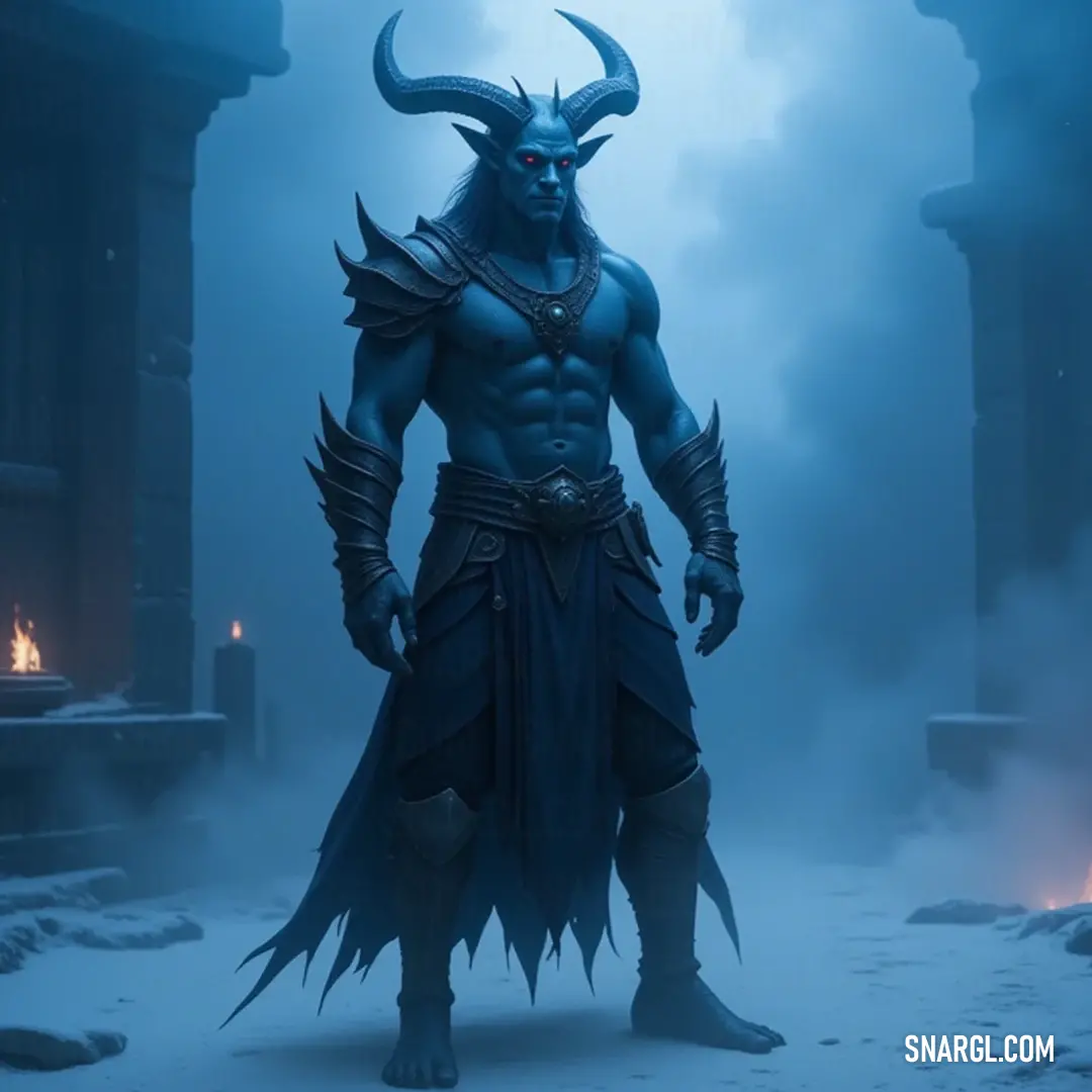 Standing amidst the soft snow, Malzahar Hellshade dons a striking blue attire that beautifully contrasts the white landscape. His pair of majestic horns add an adventurous flair to his noble appearance.
