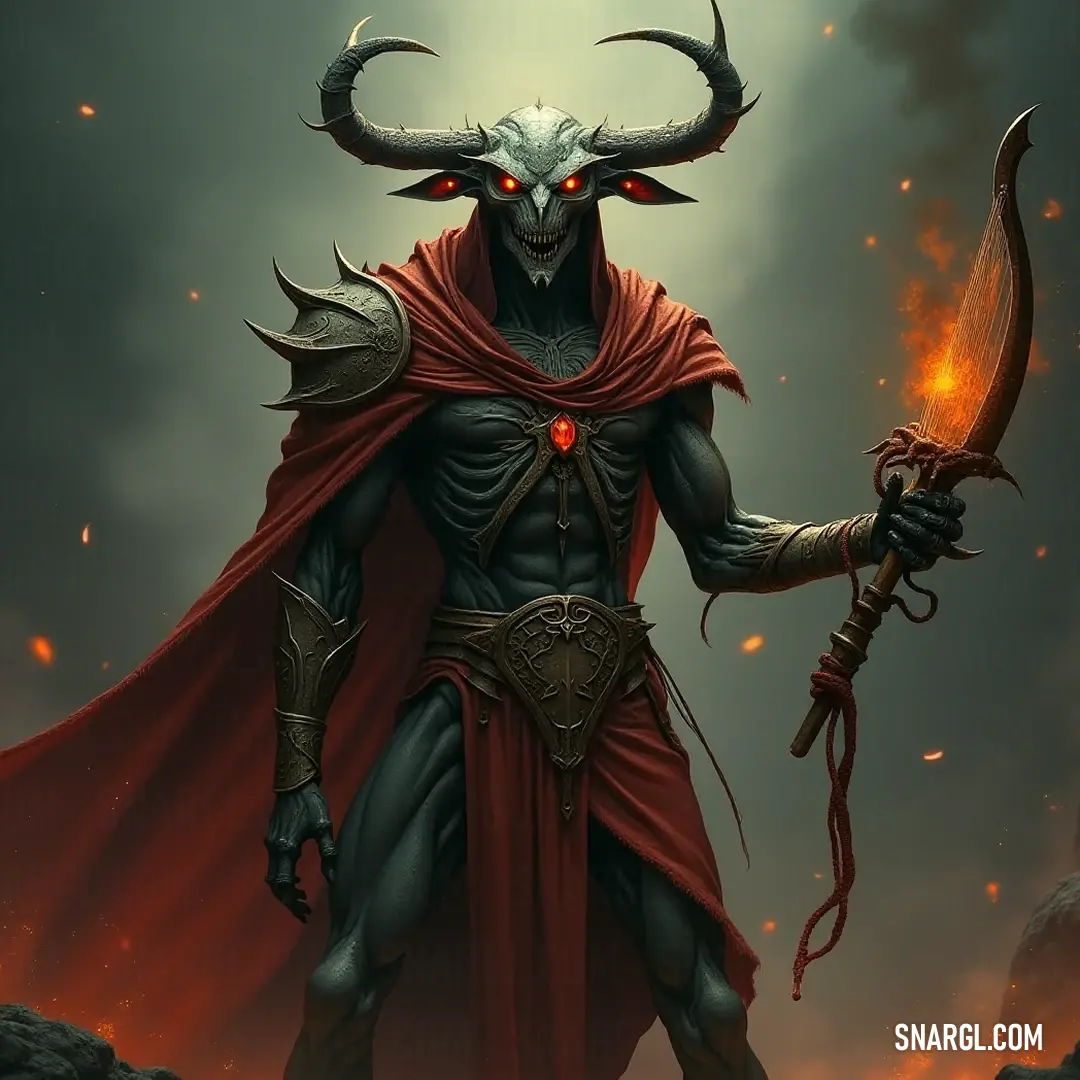 A striking figure adorned with vibrant horns and a flowing red cape stands valiantly, a sword poised in one hand and flames dancing in the other. The fierce color palette showcases the intensity of his presence amidst the dark backdrop.